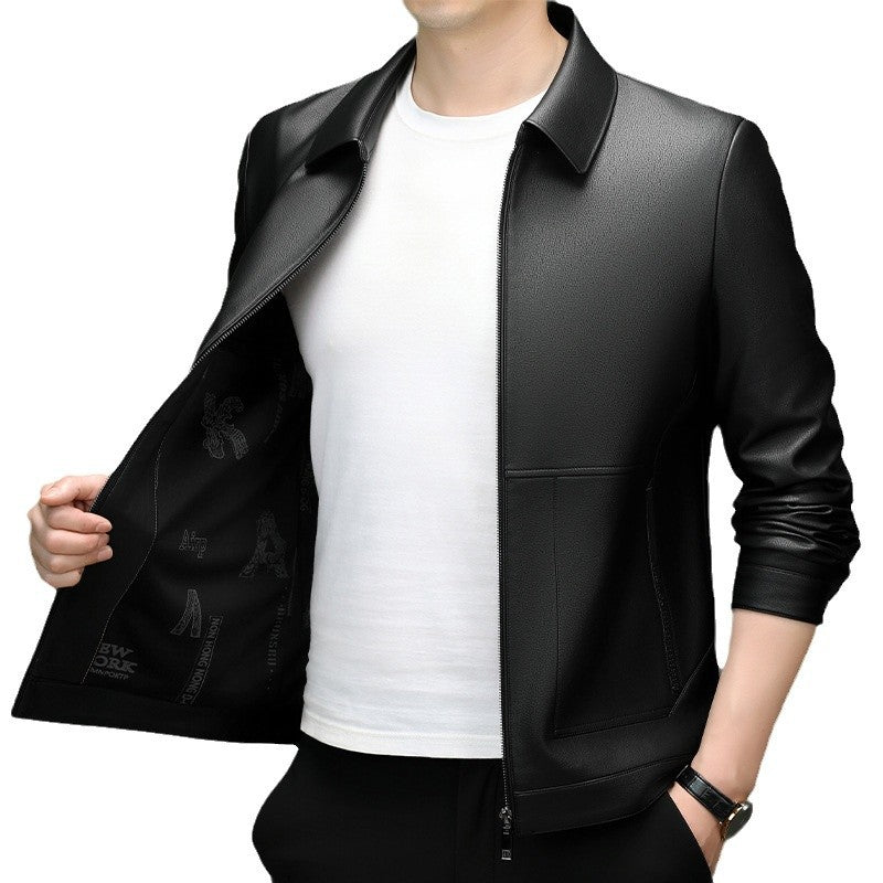 Leather men's 2024 autumn and winter new fleece-lined thickened lapel pu leather jacket coat protein ecological leather men's