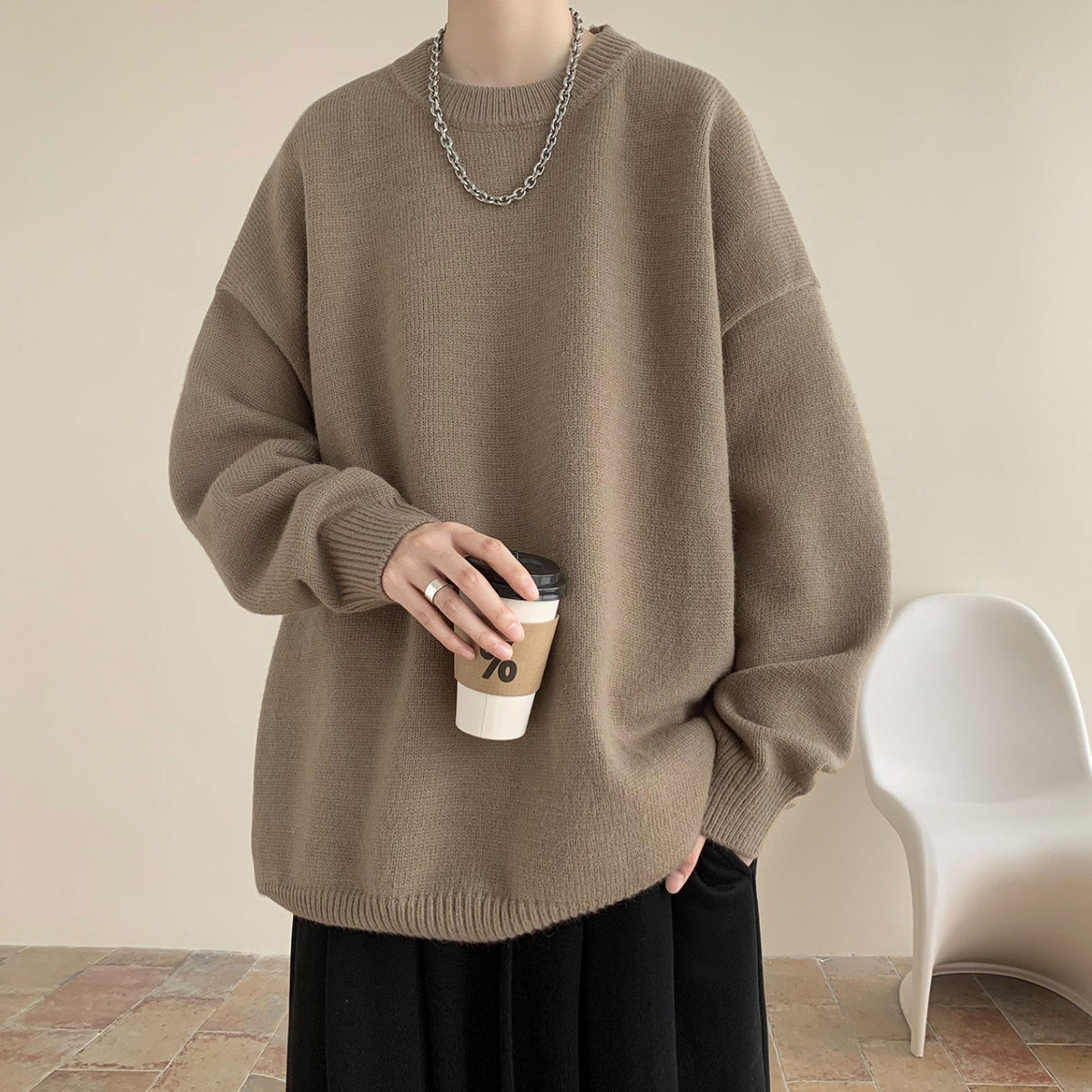 Sweater Men's Autumn and Winter Lazy Style American Style Retro High-end Sense Loose Casual Solid Color Pullover Base Knitted Sweater
