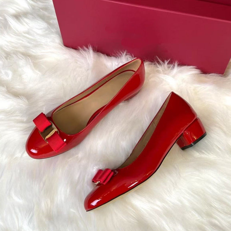 High Version Spring New Style Small Red Shoes Round Toe Comfortable Bow Shoes Thick Heel Flat Patent Leather French Women's Wedding Shoes