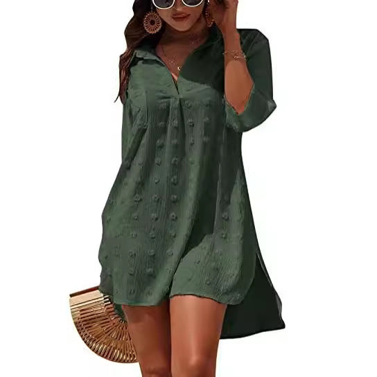 2024 Jacquard Loose Casual Blouse with Irregular Mid-Length Sleeves Women's V-Neck Loose Fit Shirt