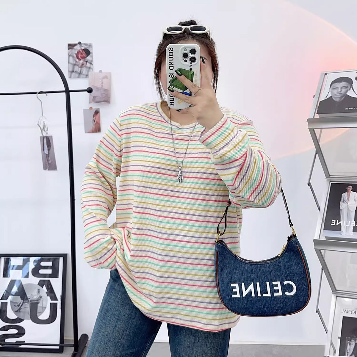 Early Autumn Large Size Retro Rainbow Stripesd Right Shoulder Long-Sleeved T-Shirt for Fat Women, Loose Slimming Look and Age-Reducing Top