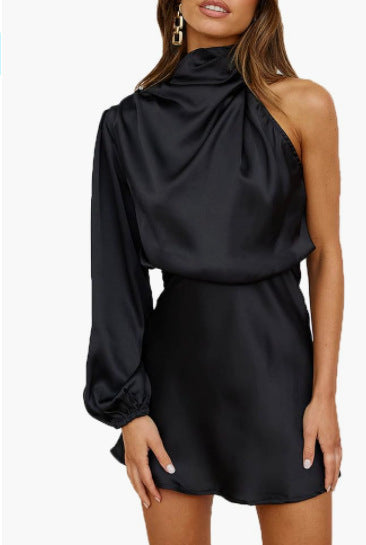 Spring Women's Satin Shoulder Long Sleeve Mini Skirt Silk Long Sleeve Crewneck Cocktail Skirt