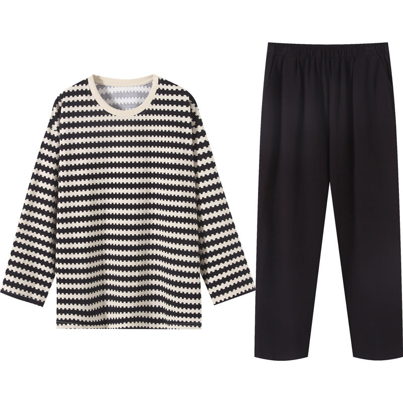 Women's Pajamas, Pure Cotton, Spring and Autumn Long-Sleeved Set, Large Size, High-End Striped Design, Can Be Worn Outside, with Chest Pads, Home Wear
