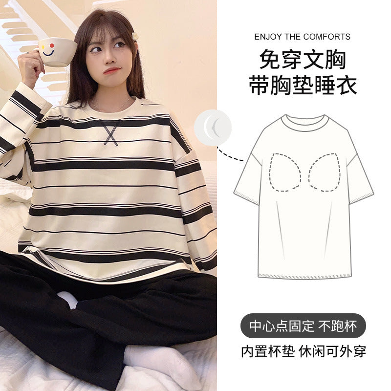 New Style Long-Sleeved Women's Pajamas with Breast Pads, Autumn and Winter Casual Striped Home Clothes That Can Be Worn Outside