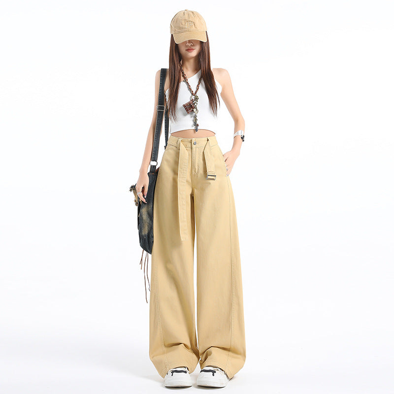 Spring and Autumn Retro High-Waist Belt Design Wide-Leg Pants for Women New Loose Slimming Versatile Drapey Floor-Length Jeans for Women