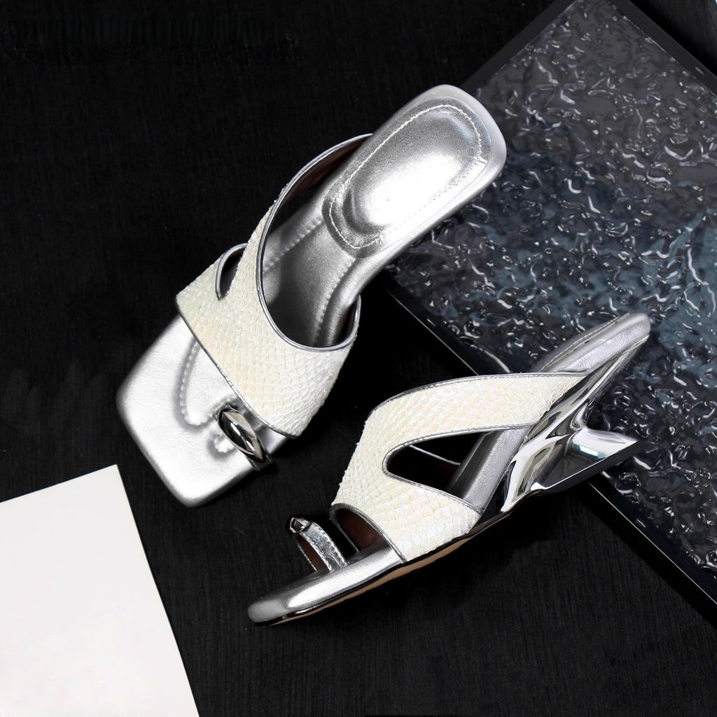 Niche Design Deep Sea Fish Skin Mermaid Fantasy High Heels Women's Summer Retro Square Toe Elegant Wedge Heel Flip-Flops