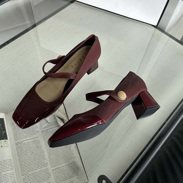 girls 2024 New Fashion High-Heeled Shoes, Chunky Heel Single Shoes, French-Style Magic Buckle, Square Toe, Pointed Toe, Mid-Heel, Fashionable and Versatile