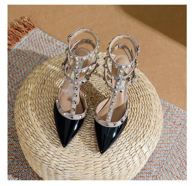2025 Summer New Pointed Black Rivet High Heels girls Sandals Stiletto Beautiful Nude Shoes Willow Shallow