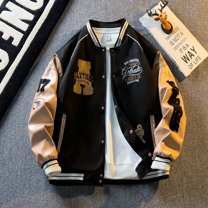 Spring and Autum Contrasting Color American Embroidered Leather Sleeve Jacket Men's/ women's  Korean Style Trendyy Baseball Uniform Autum Casual Student Jacket