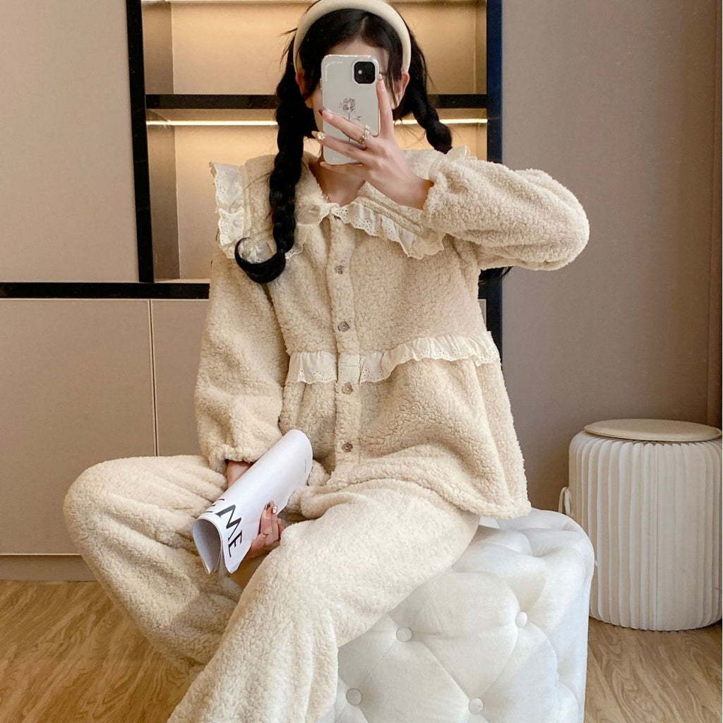 Pajamas Women's Lamb Velvet Autumn and Winter Neck Warm Coral Velvet Sweet Large Lapel Thickened Lace Home Clothes