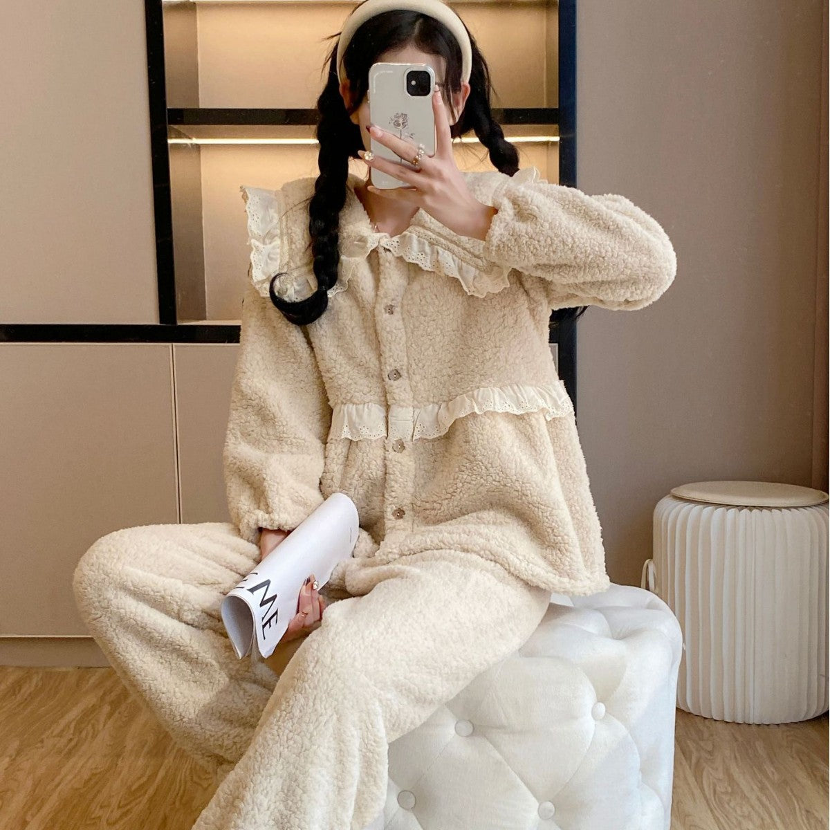 Pajamas Women's Lamb Velvet Autumn and Winter Neck Warm Coral Velvet Sweet Large Lapel Thickened Lace Home Clothes