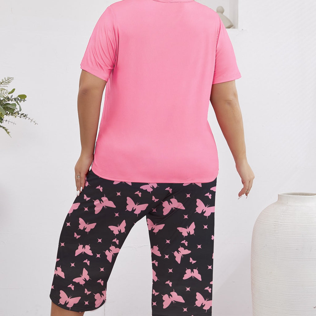 Cross-border plus size Outfit Pajamas for suit Women's Loose Crewneck Comfortable Short-sleeved Cropped Pants Pajamas