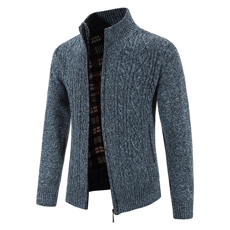 2024 new autumn and winter men's plus velvet sweater cardigan large size foreign trade stand collar fashion jacket coat men's sweater