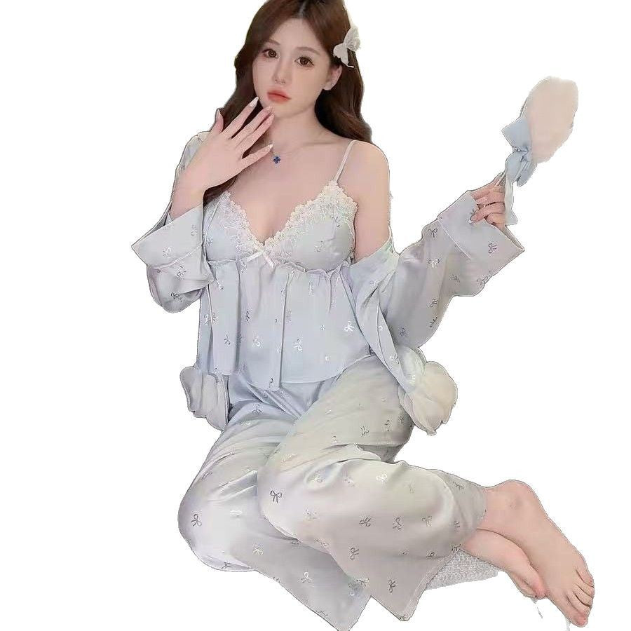 Pajamas for Women 2026 New Spring, Autumn and Summer Suspender-Style Ice Silk with Silver Bow, Padded Chest, Lace Homewear Set