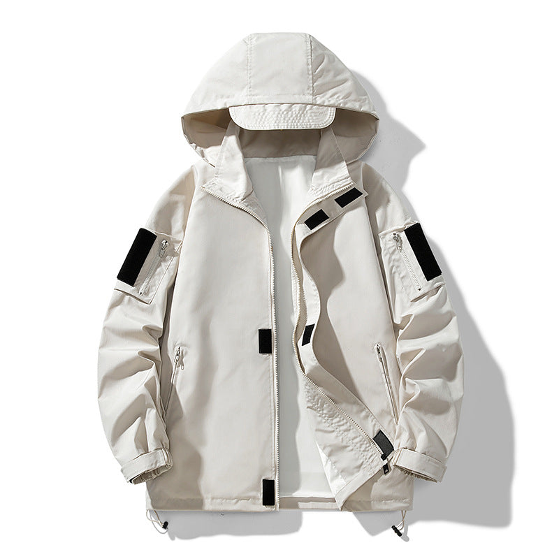 2025 Spring and Autumn New Hong Kong Style Live Broadcast Fake Two-Piece Jacket Men's Trendy Handsome Ins Hooded Windbreaker Jacket Men