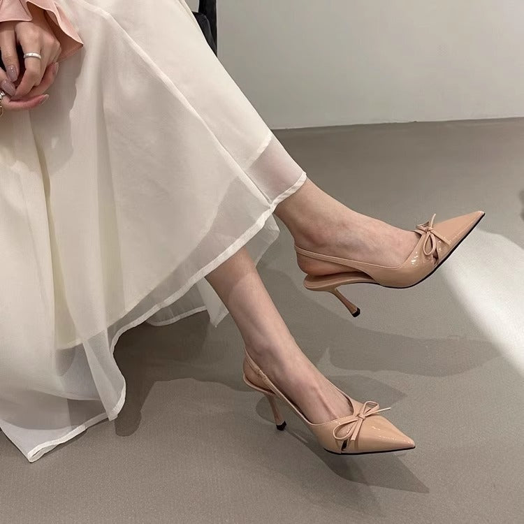 nice with skirt! Gentle Naked Pink Pointed Bow High Heels Women's Niche Patent Leather Rear Stiletto Sandals