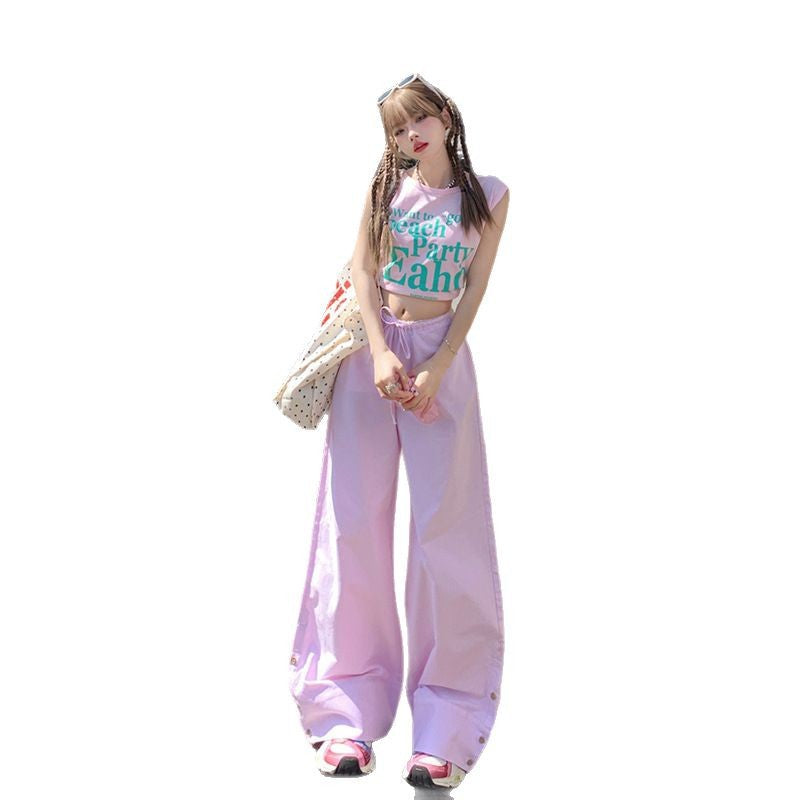 Retro Low Waist Lazy Style Drawstring Wide Leg Pants Women's Loose Slimming Spring New All-match Dumping Sports Casual Pants