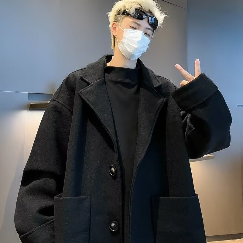 Japanese Solid Color Mid-length Woolen Coat Men's All-match High-end Casual Black Woolen Suit British Jacket
