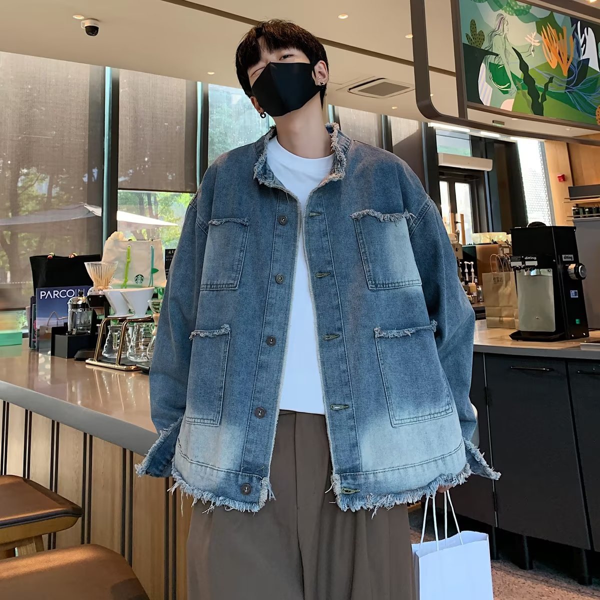 [In Stock running volume] Retro gradient Denim coat men's and women's loose American high street casual workwear jacket