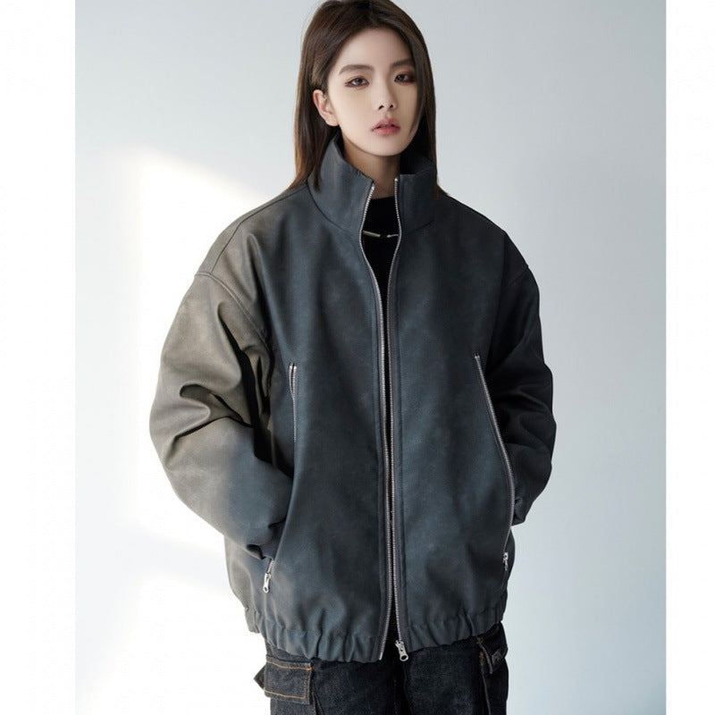 Men's and women's American style retro distressed PU leather cotton-padded jacket women's 2024 new winter cotton padded coat