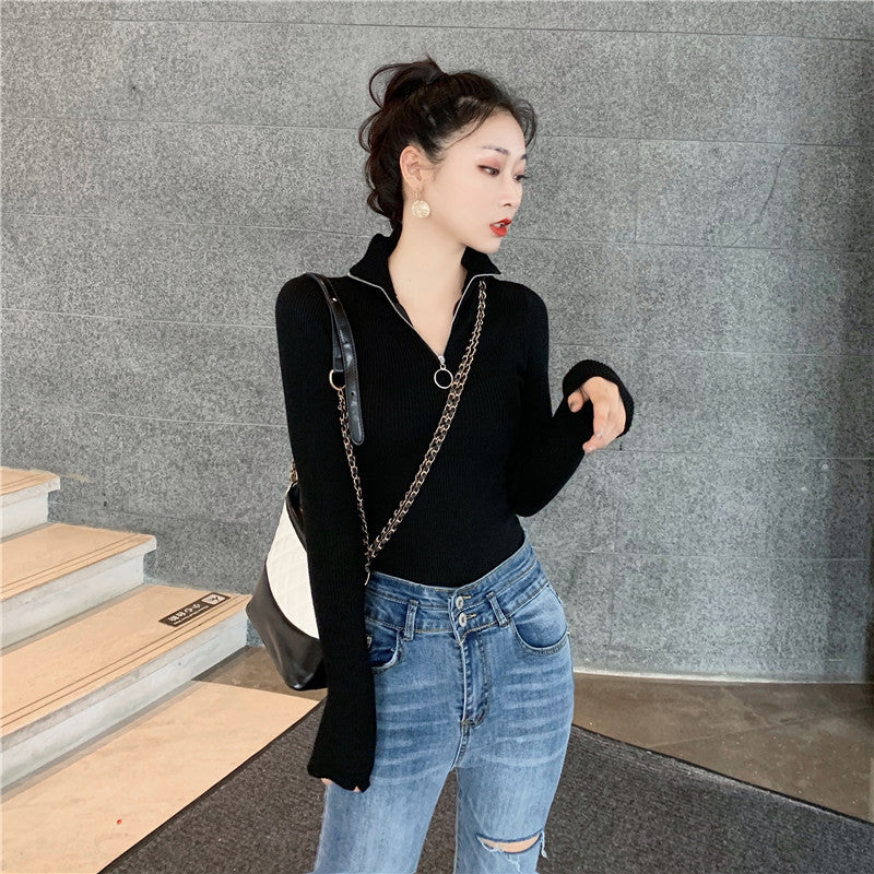 Spring sweater women's semi-high collar ring zipper slim outer wear long sleeve middle collar base sweater sweater top wholesale