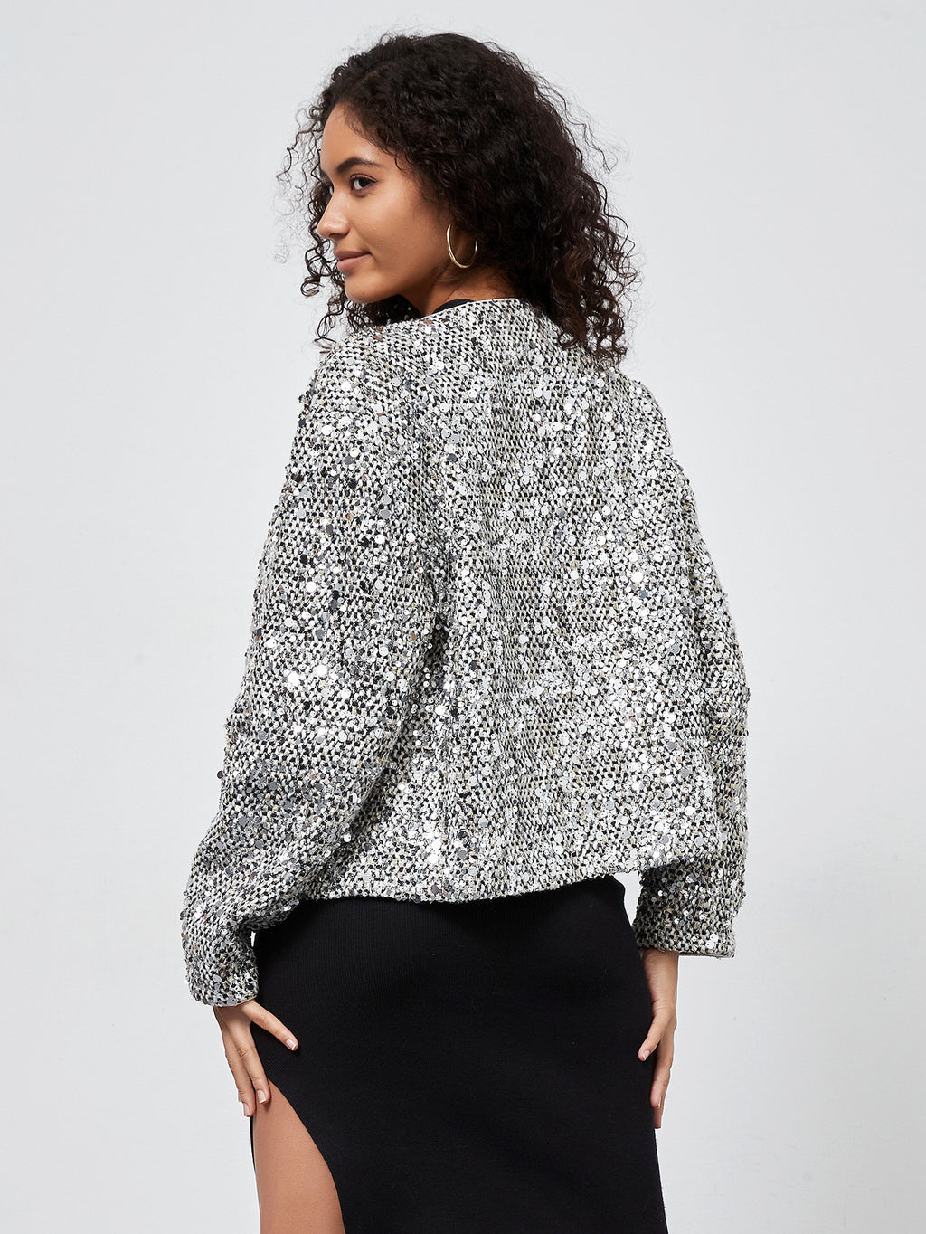 Cross-border women's clothing wholesale European and American style fashion sequin coat autumn and winter new socialite temperament round neck long sleeve jacket