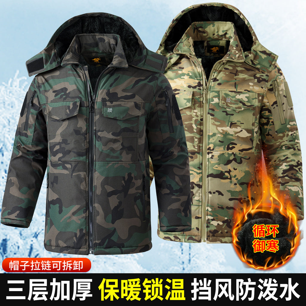 Winter Mid-Length Cotton Work Clothes for Men, Velvet Thickeneded Cotton Jackets, Cold-Proof, Windproof and Warm Camouflage Work Clothes, Military Coats