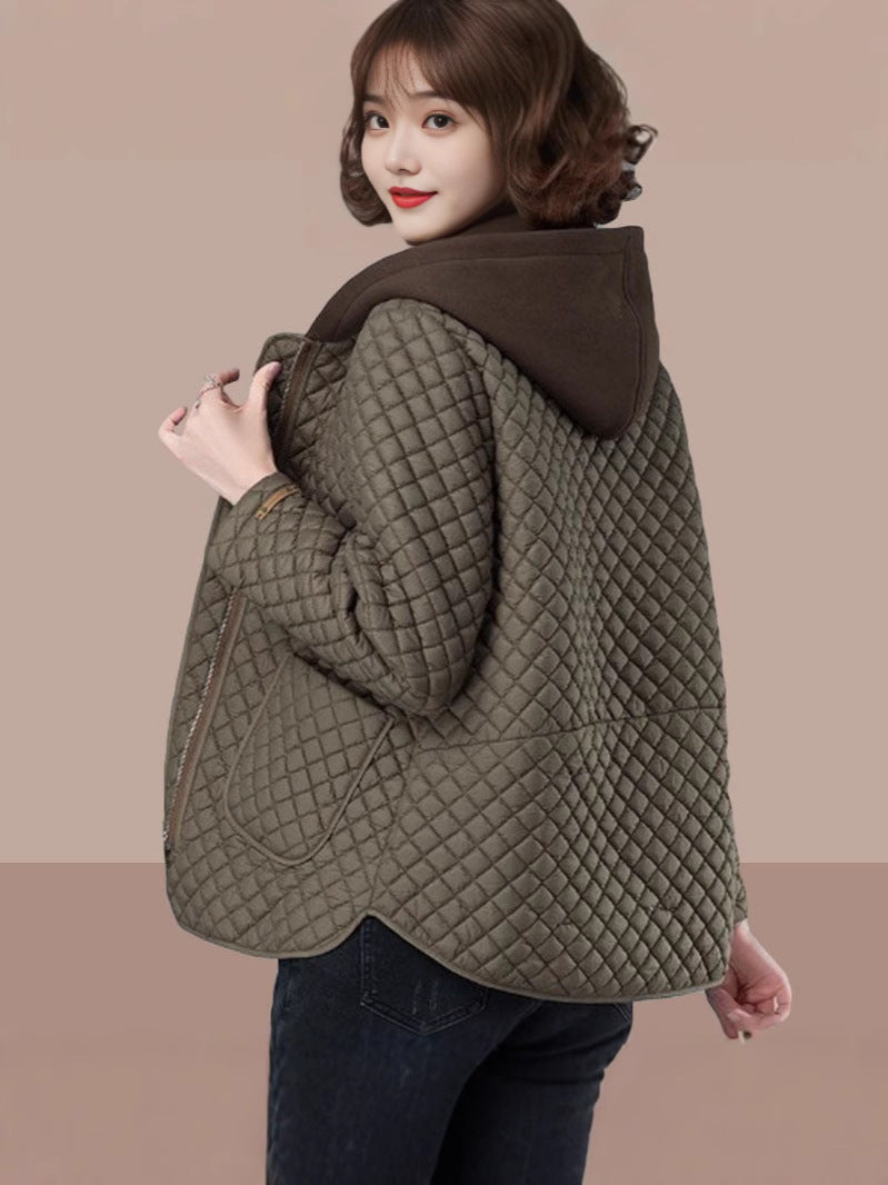 Lingge cotton-padded jacket women's 2024 autumn and winter new fashion age-reducing middle-aged mother hooded loose plus size cotton-padded jacket