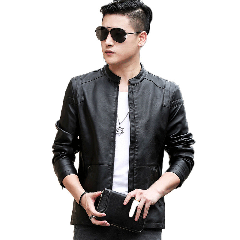 Autumn and Winter 2023 New Leather Men's Coat Fashionable Slim-fit Warm Spring and Autumn Vertical Collar Biker Jacket Men's Jacket