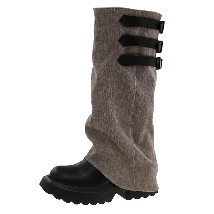 Unique Belt Buckle Long Boots for Women 2025 Autumn and Winter New Thick-Soled Stacked Tube Boots Sweet Cool Style High Knight Boots