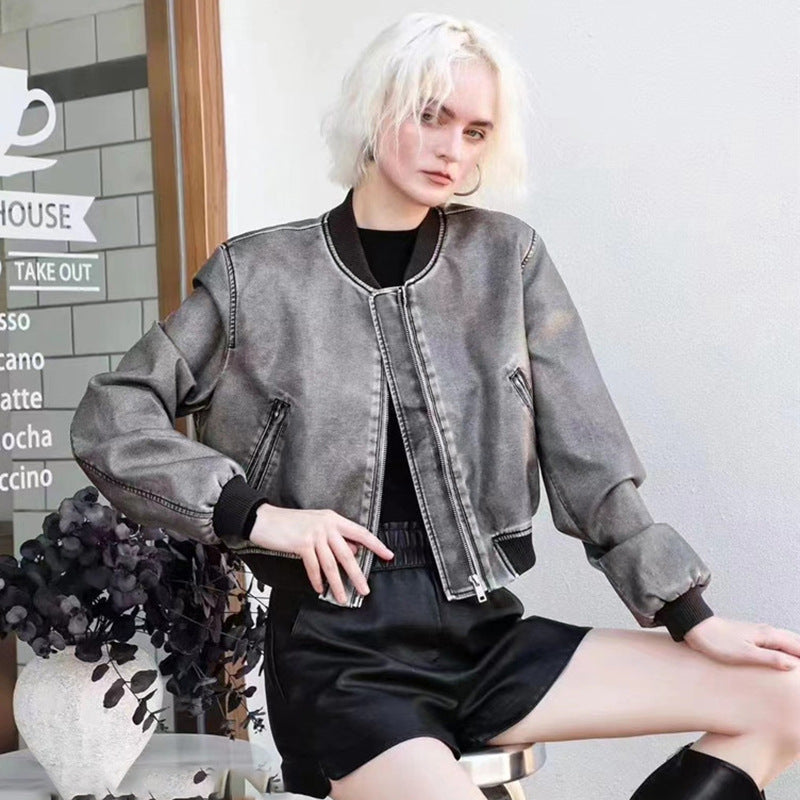 Spring and Autumn New American Style Leather Jacket Retro Style Old Faux Leather Aviator Jacket Coat Women's Round Neck Flying Suit Top