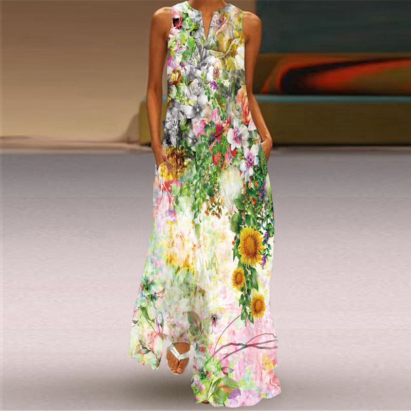 New Summer Women's Sleeveless Long Dress V-Neck Floral Print Dress European and American Cross-Border Foreign Trade Women's Clothing