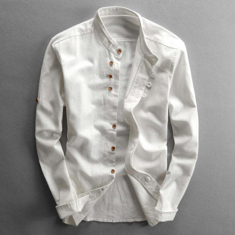 Men's buckle long-sleeved shirt autumn casual linen retro Chinese style slim stand collar slim fit shirt jacket