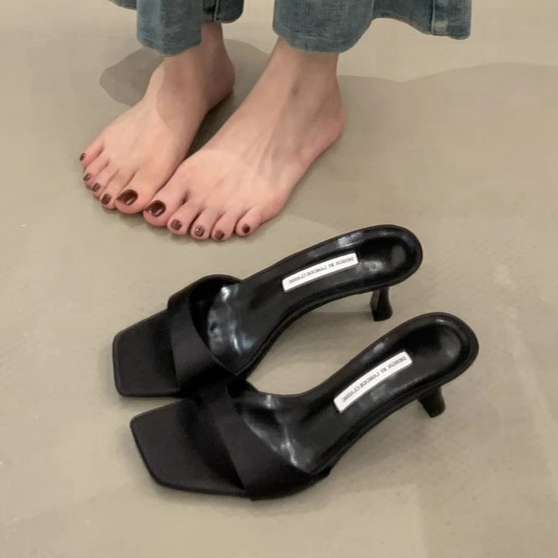 Beautiful One-Line Slippers for Women's Summer Outer Wear 2024 New Satin Brown Elegant Genuine Leather Stiletto Square Toe High Heels