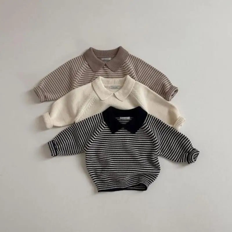 Kids Boys Girls Vintage Striped Lapel Sweater Cotton Baby Casual Polo Shirts 2025 Autumn New Children Long Sleeve Knit Sweater