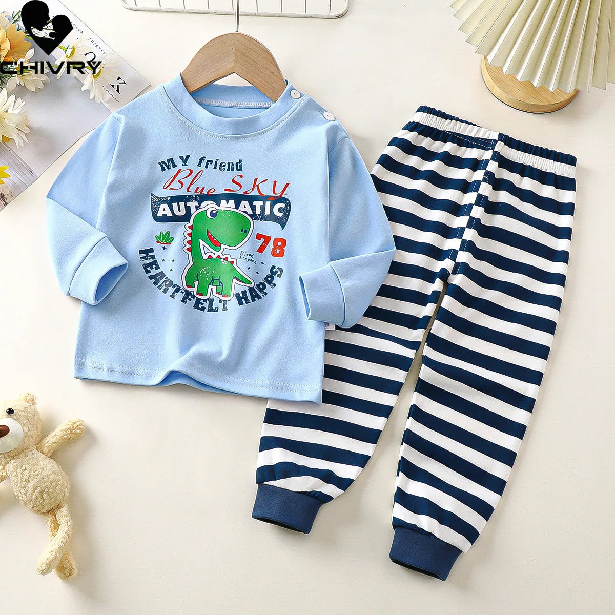 Boys Girls Autumn Pure Cotton Pajamas Kids Cartoon Print Long Sleeve T-Shirt Tops + Pants Pyjamas Baby Underwear Clothing Sets