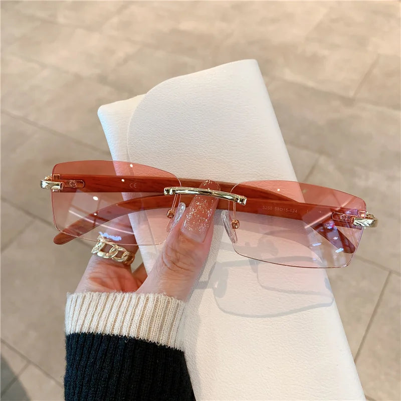 Rimless Sunglasses For Men Women Wooden Designer Luxury Brand Retro Sun Glasses Fashion Shades UV400 Travel Outdoor