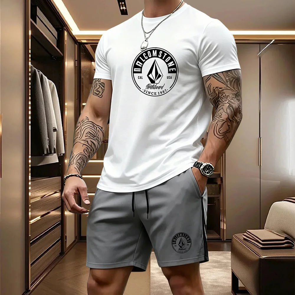 Men's Casual Sportswear 2-piece Set Classic Short Sleeved T-shirt+drawstring Pocket Shorts Street Skateboarding Outdoor Outfit