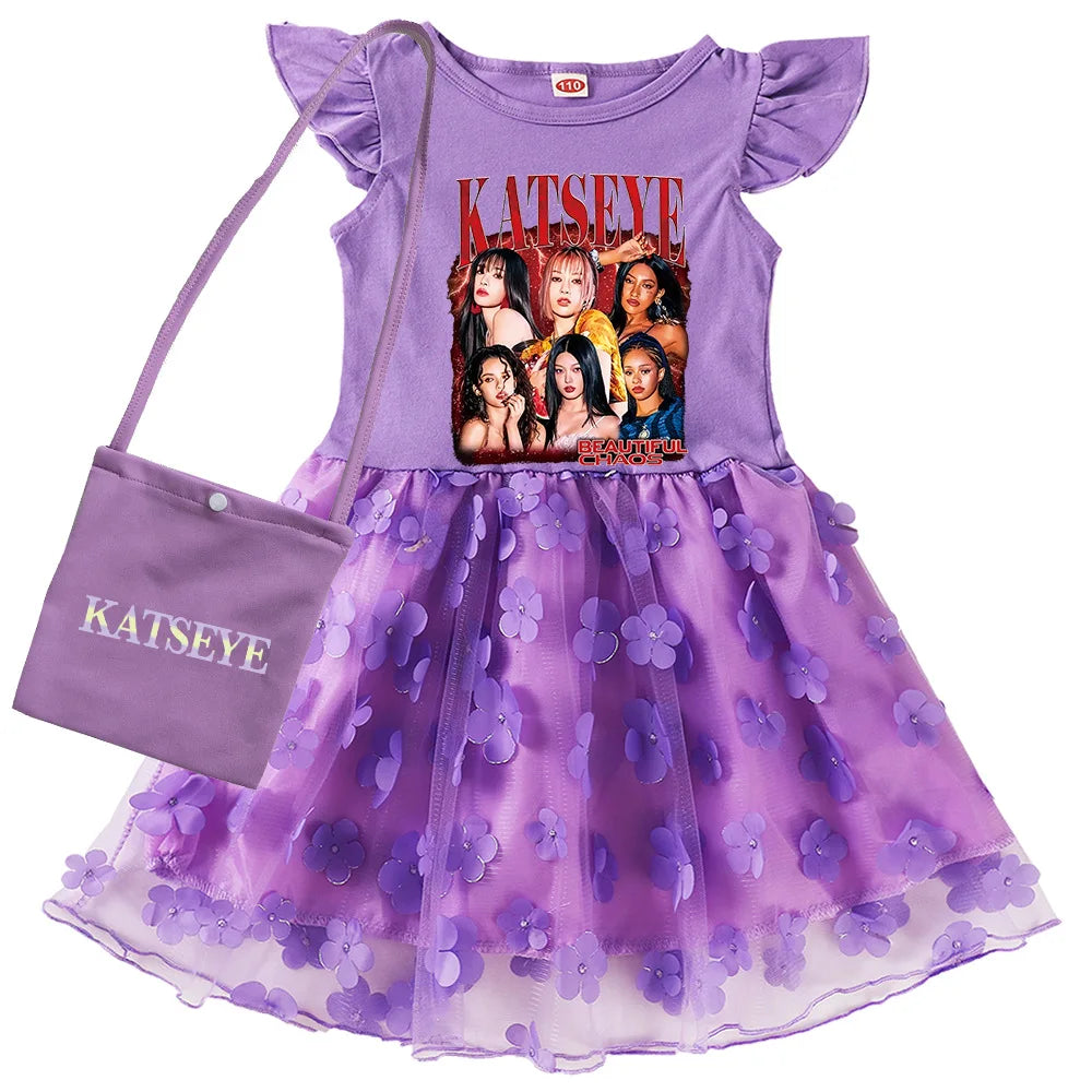 KATSEYE Kpop Clothes Kids Cartoon Summer Dress&bag Baby Girls Fly Sleeve Casual Dresses Girl Sequin Mesh Party Princess Vestidos