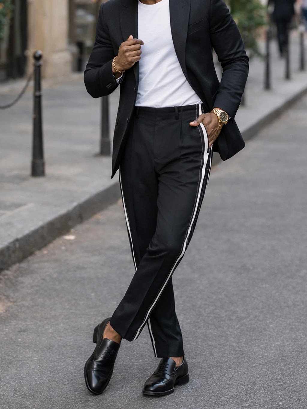 2026 SS Men's Color Block Spliced Suit Pants, Slight Stretch, Loose Straight Business Daily Pants Belt Not Included