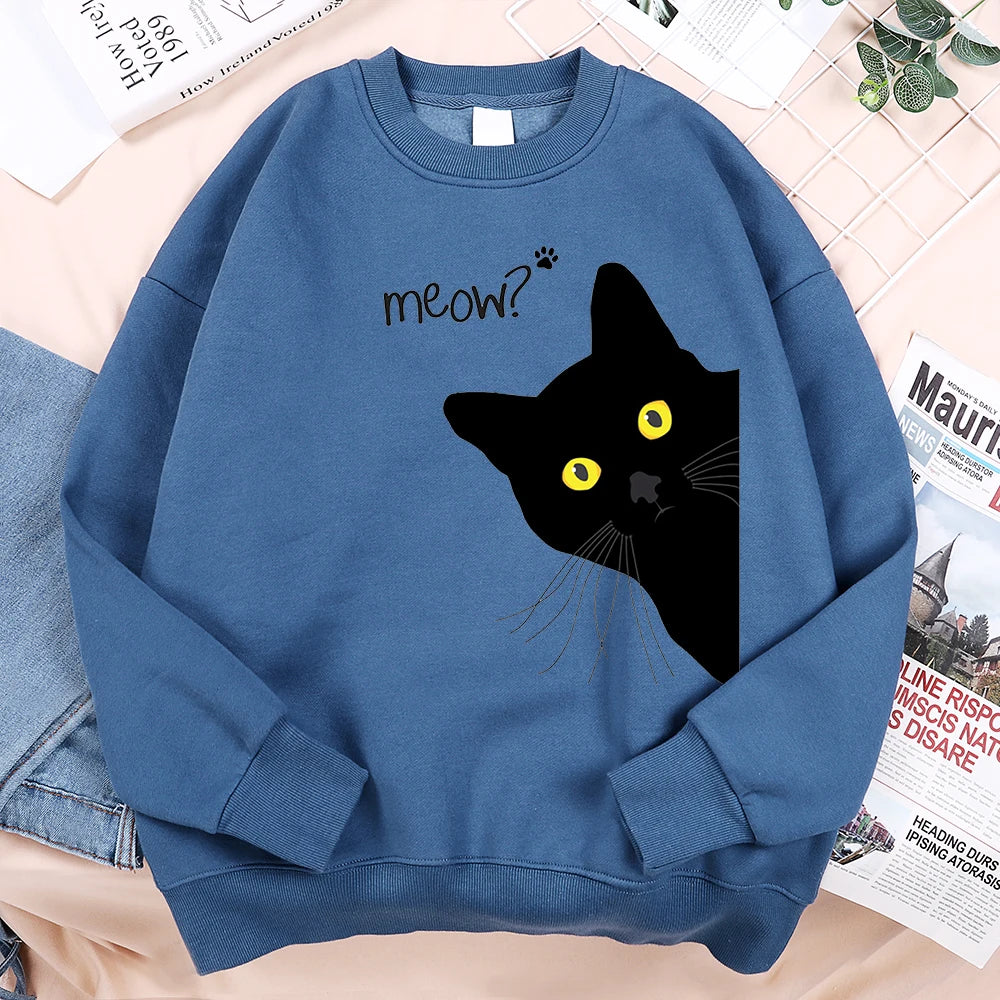 Meow The Black Cat Stared Intently Hoody Men Women Personality Loose Sweatshirts O-Neck Oversize Clothing Pullover Hoody Couple