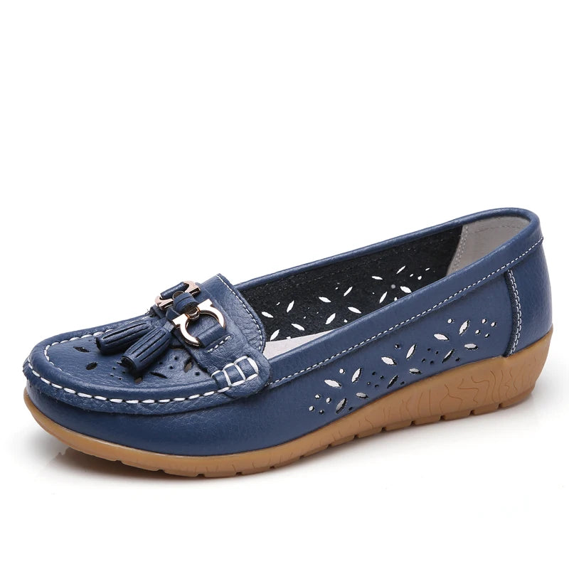 Women Wedge Flats Genuine Leather Slip On Loafers Moccasins Casual Shoes Luxury Brand Designs Big Size 41 42 43