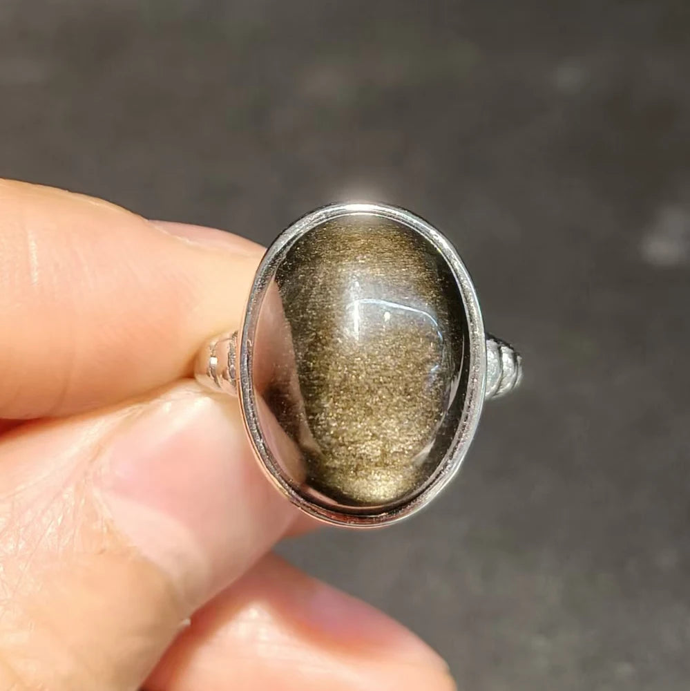 100% natural gemstone silver obsidian gold obsidian ring for men adjustable copper-plated silver rings jewelry gift