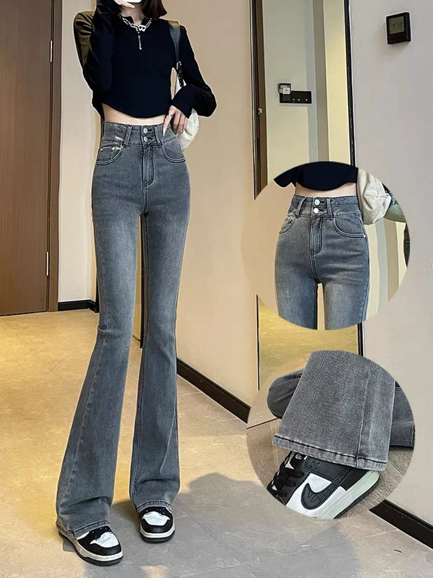 High Waist Slim Fit Flare Jeans Women's Spring Summer 2024 New Sle Double Bule e ey Cotton Stretch Denim Pants