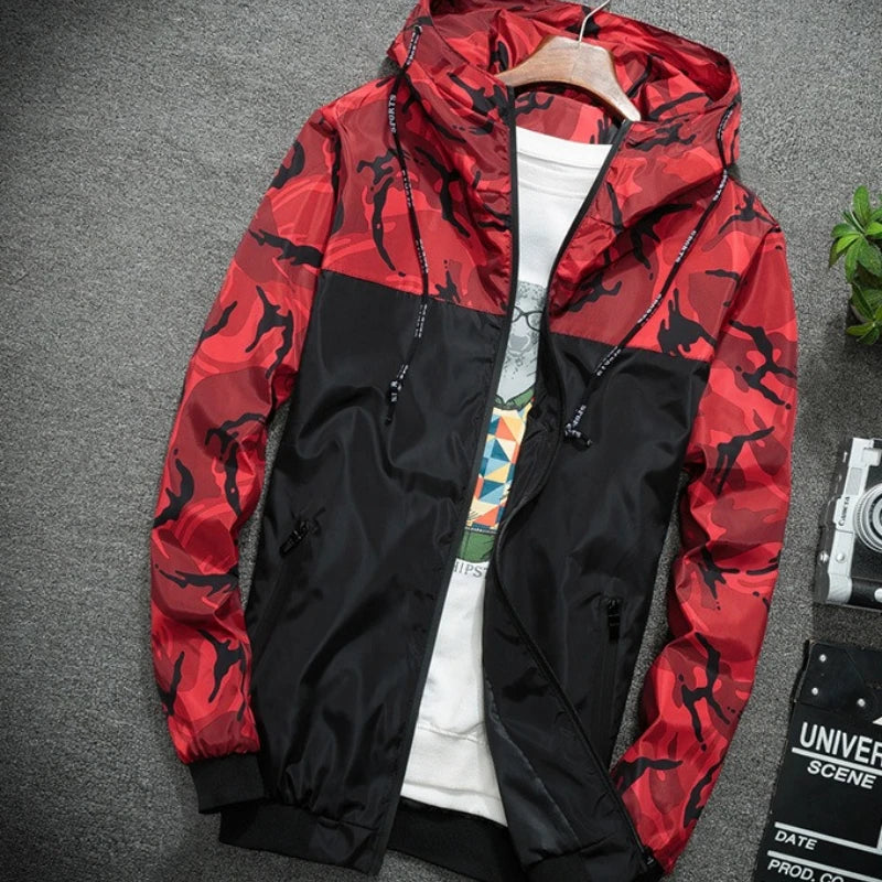 Men's Jackets Spring Hooded Printing Camouflage Windbreaker Zip Lightweight Jackets Slim Crop Fashion Design on The Back Coats