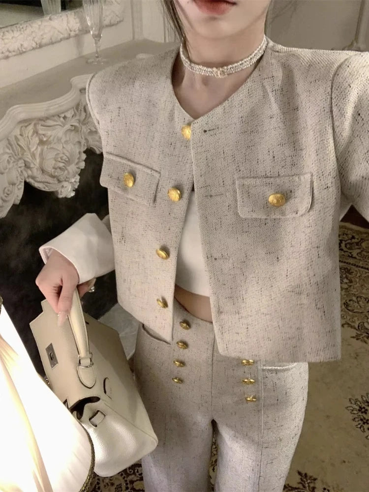 2025 Spring Autumn Women's Retro Casual Suit Jacket Wide Leg Pants Set Commuting Solid Round Neck Single Breasted Two-piece Sets