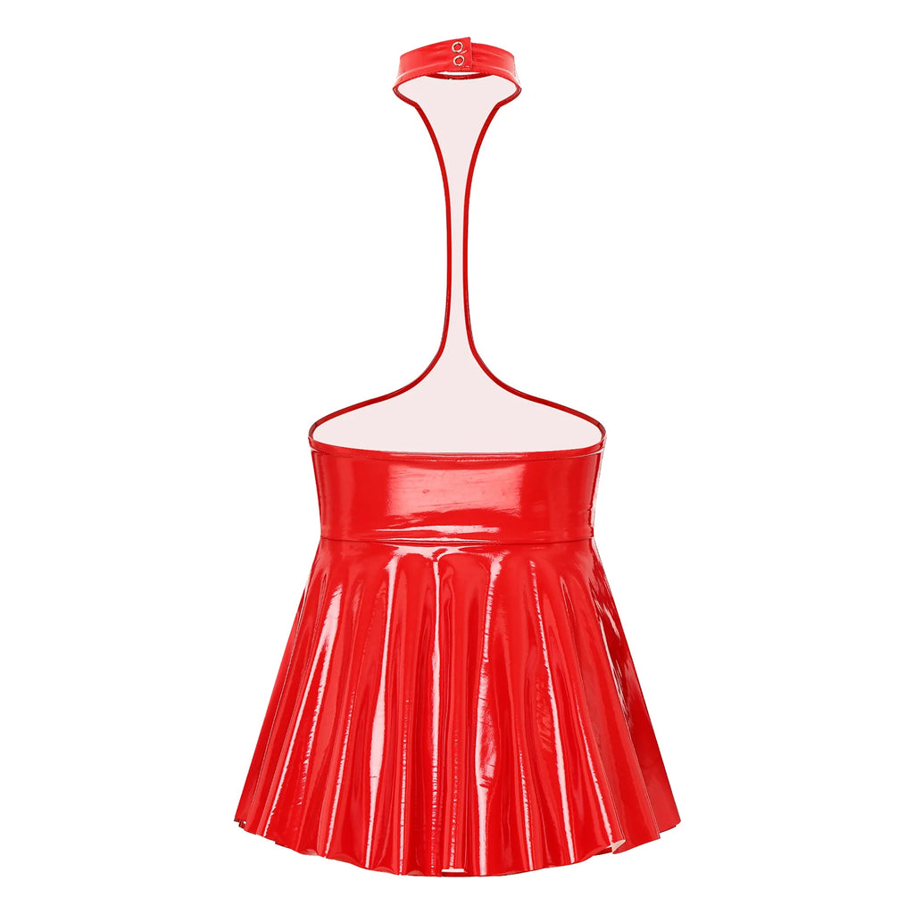 Womens Patent Leather Latex Dress Clubwear Open Chest Halter Ruffled Wet Look Halter Sexy Club Latex Dress with 2 Press Buttons