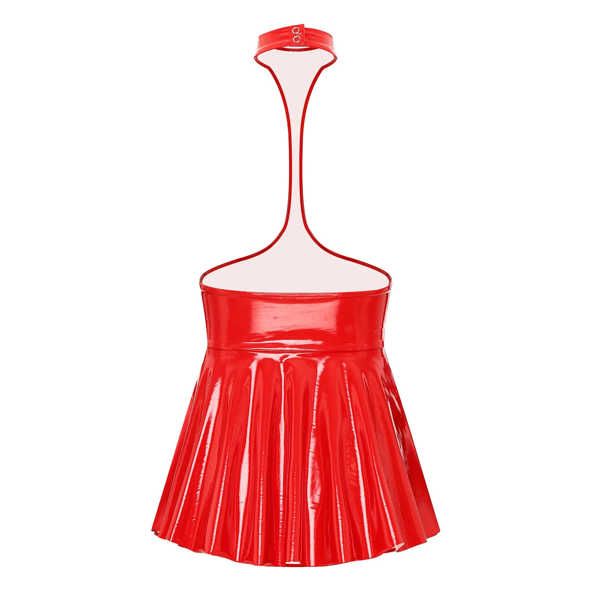 Womens Patent Leather Latex Dress Clubwear Open Chest Halter Ruffled Wet Look Halter Sexy Club Latex Dress with 2 Press Buttons