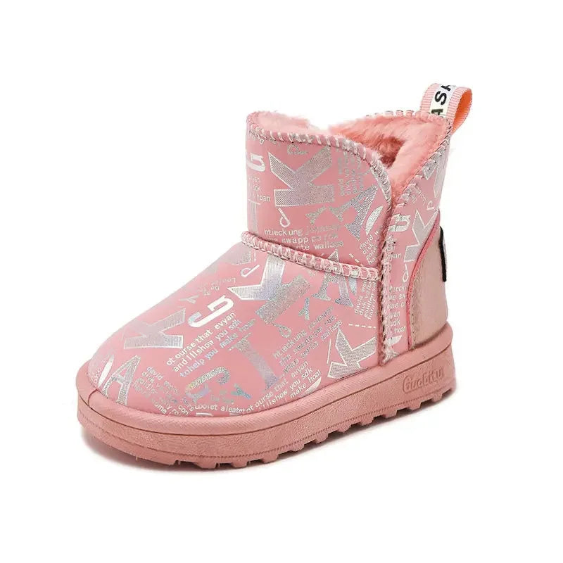 Children's Waterproof Non-slip Leather Boots Stylish and Shiny Kids Winter Fur Warm Shoes Girls' Plush and Thickened Snow Boots