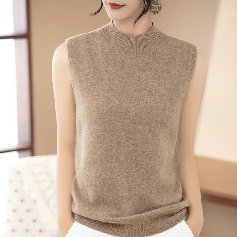 2025 New Spring and Summer 100% Merino Wool Sleeveless Mock Neck Pullover Women's Solid Color Sweater Women's Clothes